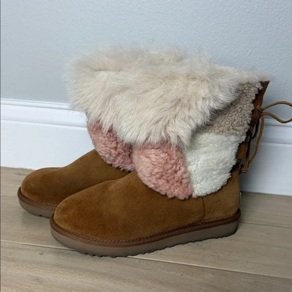 Ugg Classic Short Patchwork Boots | Faux Fur Lined Suede | Pink White | Sz 9 - Picture 2 of 6